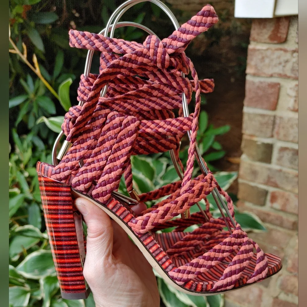 Jimmy Choo Trix 100mm Woven Multi-Wrap Sandal, Dark Shiraz/Coral 37 - Picture 8 of 16